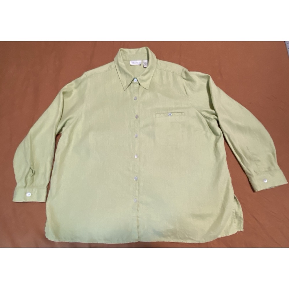 Studio Works Linen 2X Button Up Long Sleeve Green Travel Lagen Beach R2
